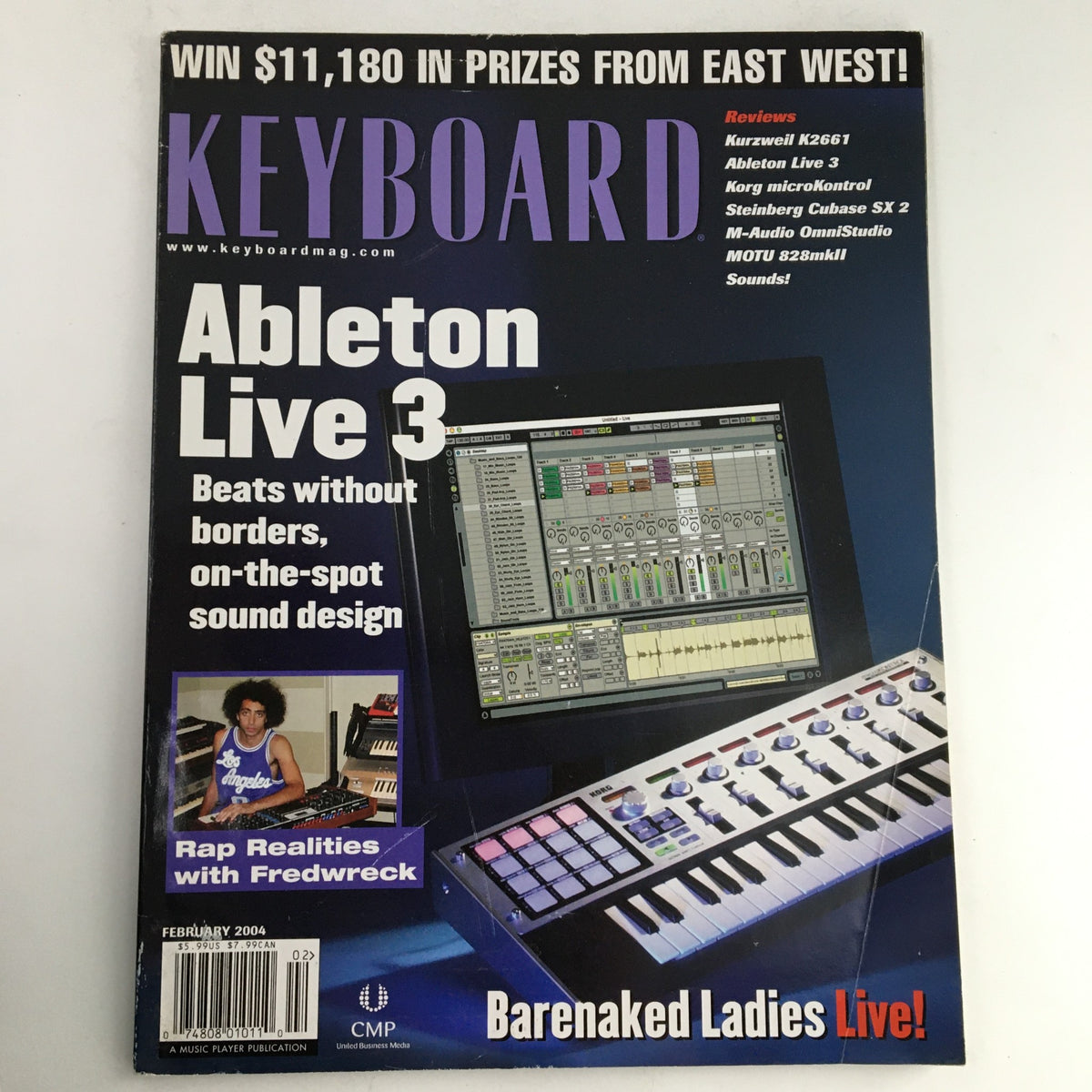 Keyboard Magazine February 2004 featuring Rap Realities with Fredwreck and Ableton Live 3 on the cover, highlighting music production technology and hip-hop culture.
