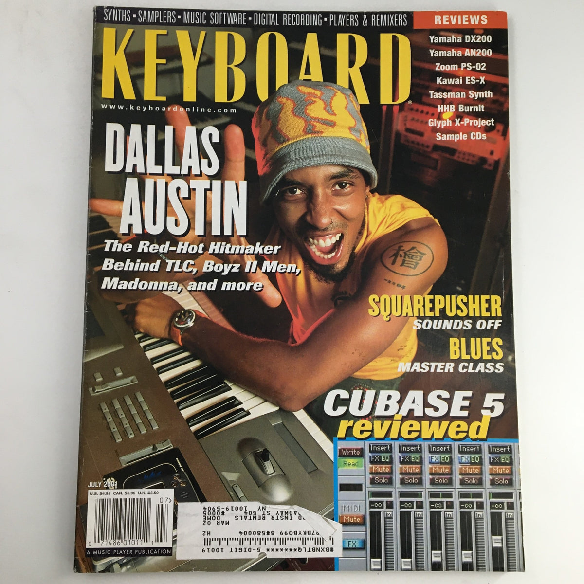 Keyboard Magazine July 2001 featuring Dallas Austin on the cover, highlighting the Master Class and a review of Cubase 5, showcasing significant aspects of music production and technology.
