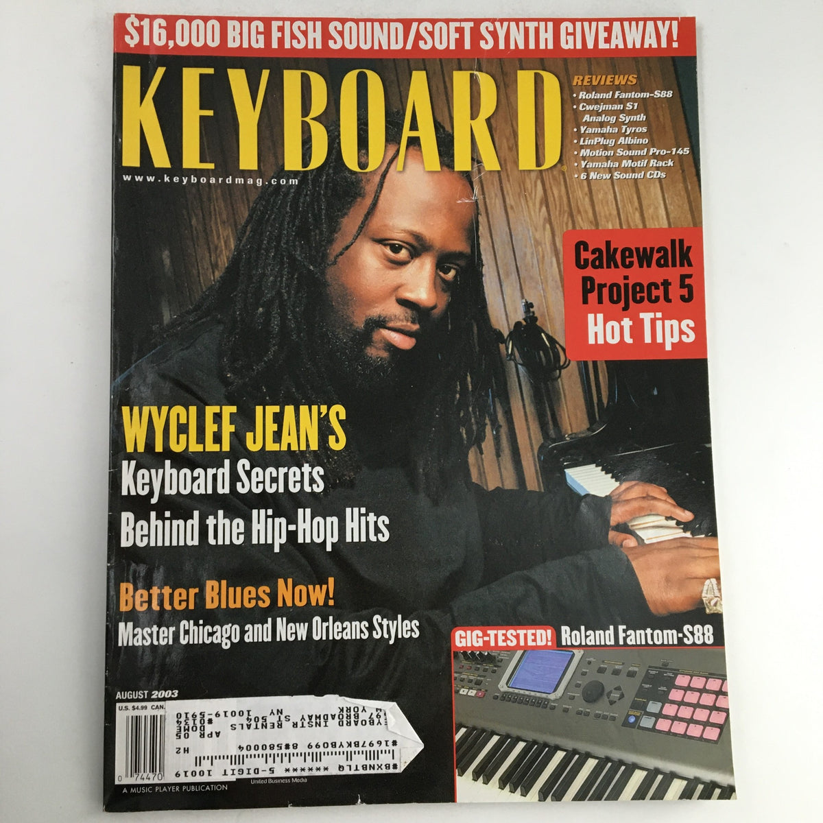 Keyboard Magazine August 2003 featuring Wyclef Jean on the cover, showcasing keyboard secrets and Cakewalk Project 5 tips, with notable highlights on hip-hop hits and music production insights.