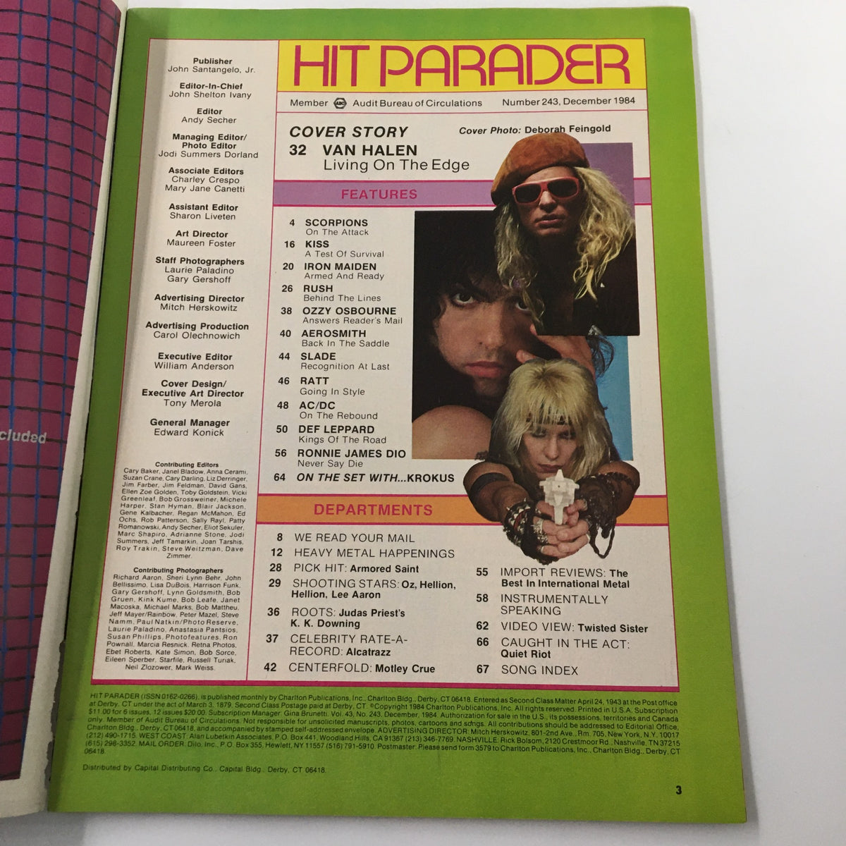 Inside page of Hit Parader Magazine December 1984, listing features and departments including a cover story on Van Halen. The content highlights interviews and music-related articles from the rock scene.