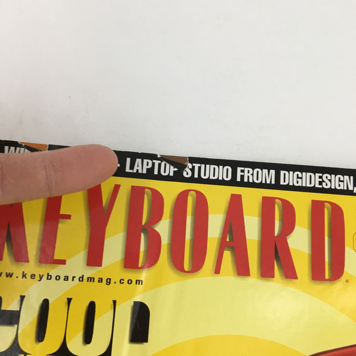 Close-up view of the top corner of Keyboard Magazine June 2004, showcasing the title and part of the headline about laptop studio from Digidesign.