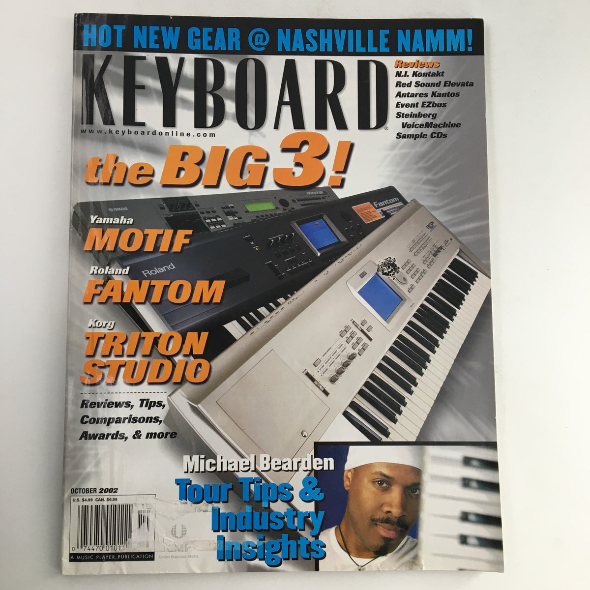 Keyboard Magazine October 2002 cover featuring Michael Bearden, Yamaha Motif, Roland Fantom, and Korg Triton Studio. Highlights include Tour Tips & Industry Insights.