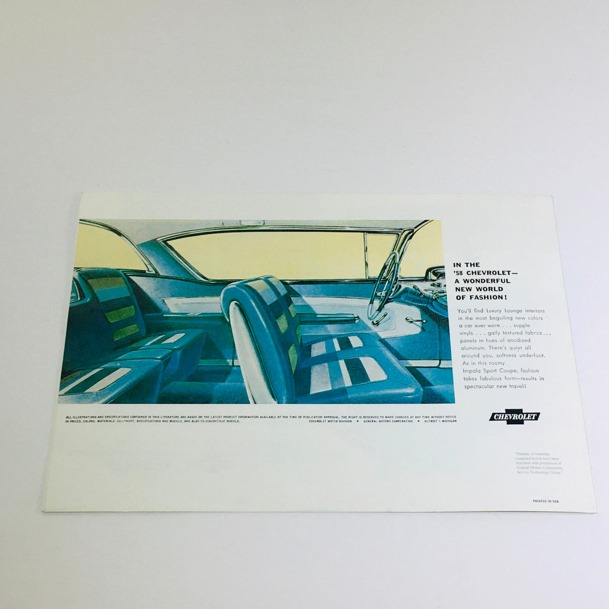 Interior design page from the 1958 Chevrolet Bel Air Corvette Dealership Car Auto Brochure Catalog displaying stylish seating and dashboard with modern fashion elements of the 1958 era.