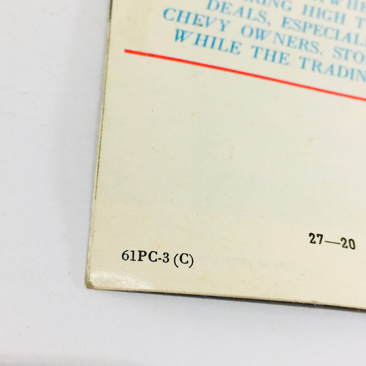 Close-up image of the back cover of the 1961 Chevrolet Chevy Sedan 61PC-3 Dealership Car Auto Brochure Catalog, highlighting the production details and catalog number.