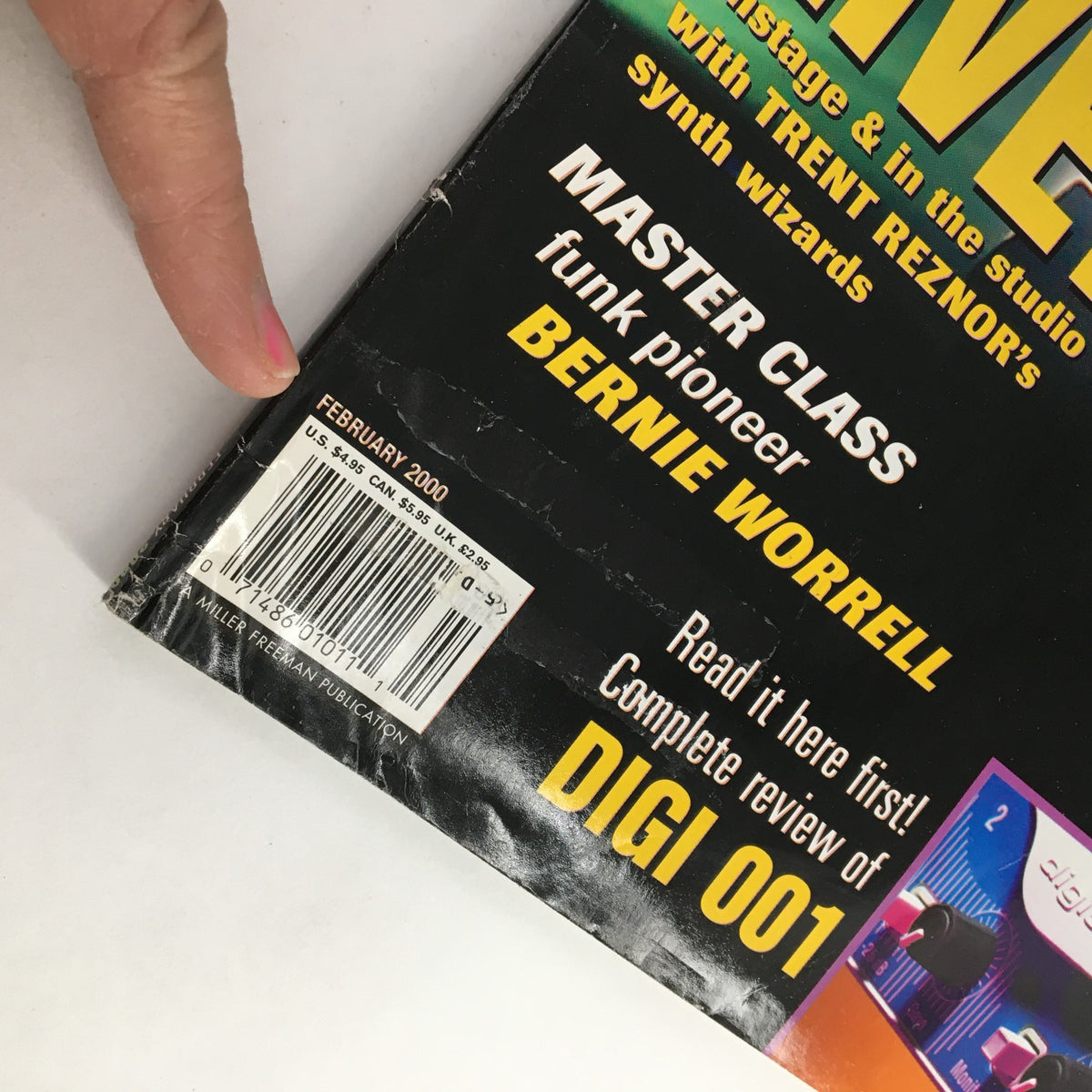 Close-up of the February 2000 Keyboard Magazine detailing the subscription address label and showing the publication's condition.