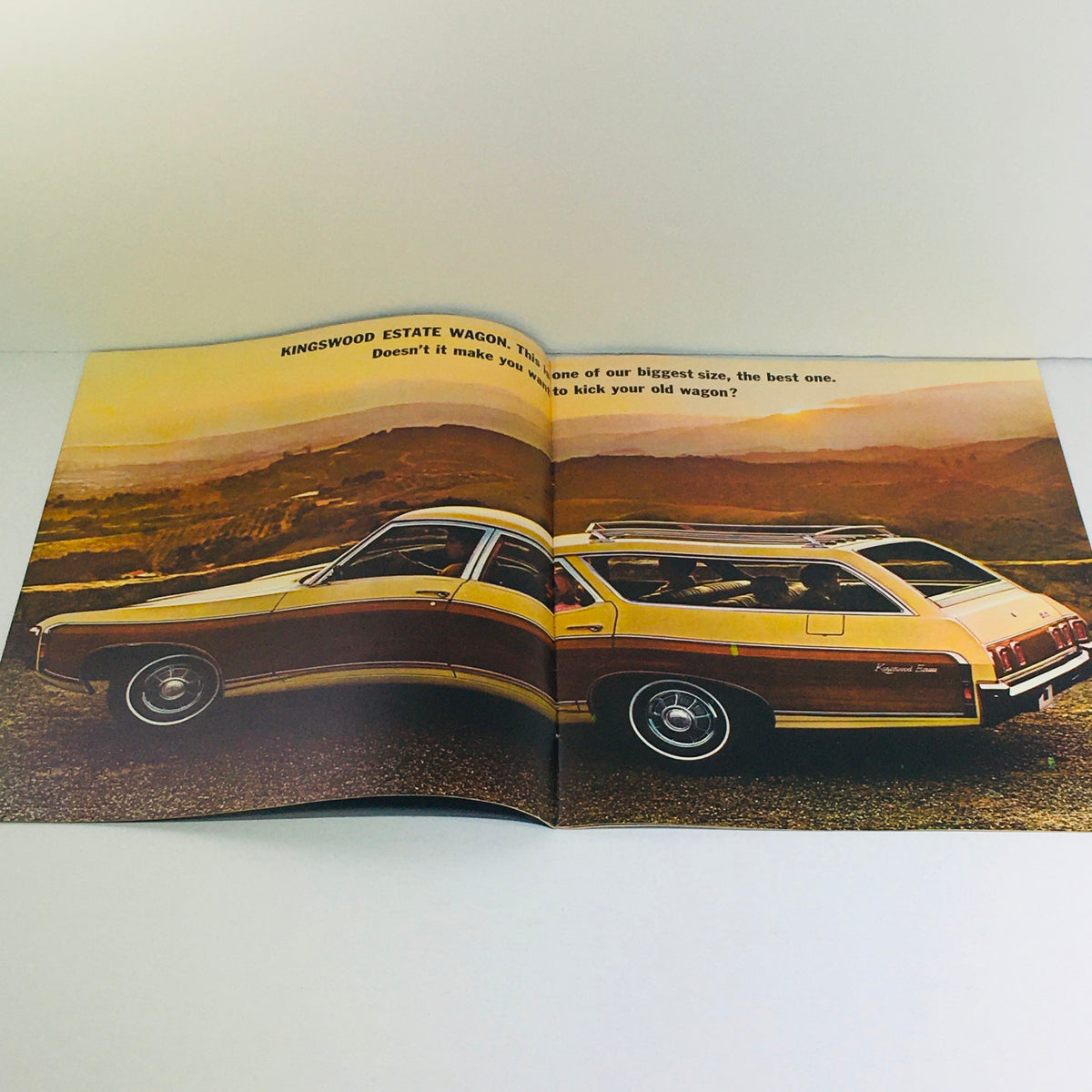 1969 Chevrolet Kingswood Estate Wagons Dealership Car Auto Brochure Catalog showcasing the side view of a classic yellow and brown Chevy wagon against a scenic backdrop, emphasizing its spacious design.