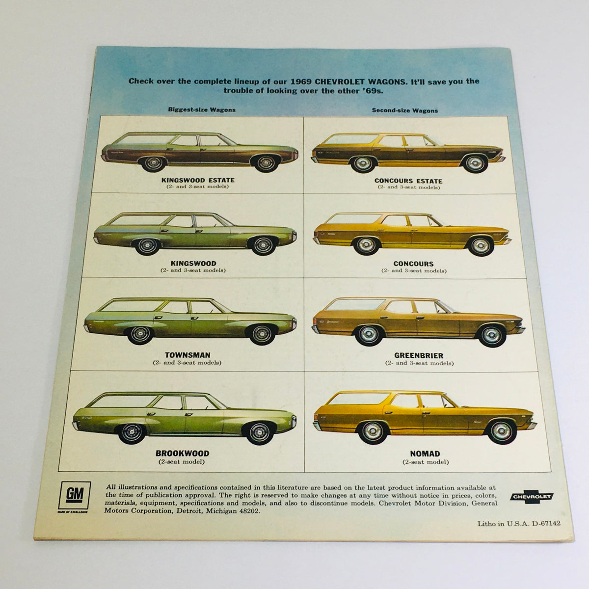 1969 Chevrolet Kingswood Estate Wagons Dealership Car Auto Brochure Catalog highlighting an illustrated lineup of Chevy station wagons, including Kingswood Estate, showcasing various models and features.