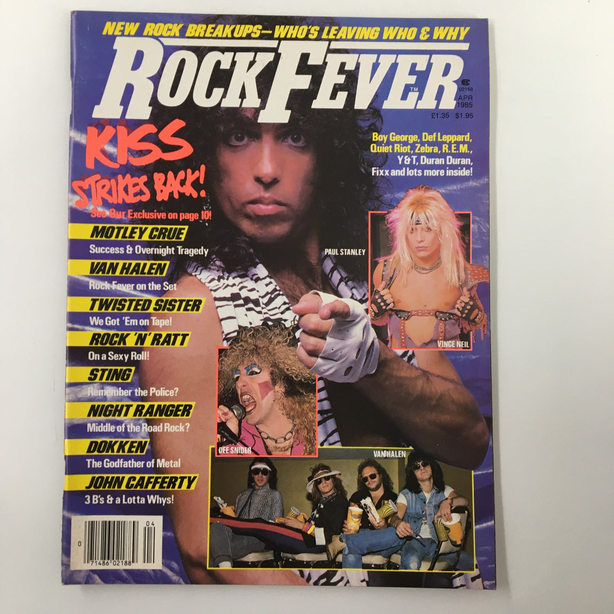 VTG Rock Fever Magazine cover from April 1985 featuring Paul Stanley of KISS and Vince Neil of Mötley Crüe, showcasing iconic 1980s rock culture.