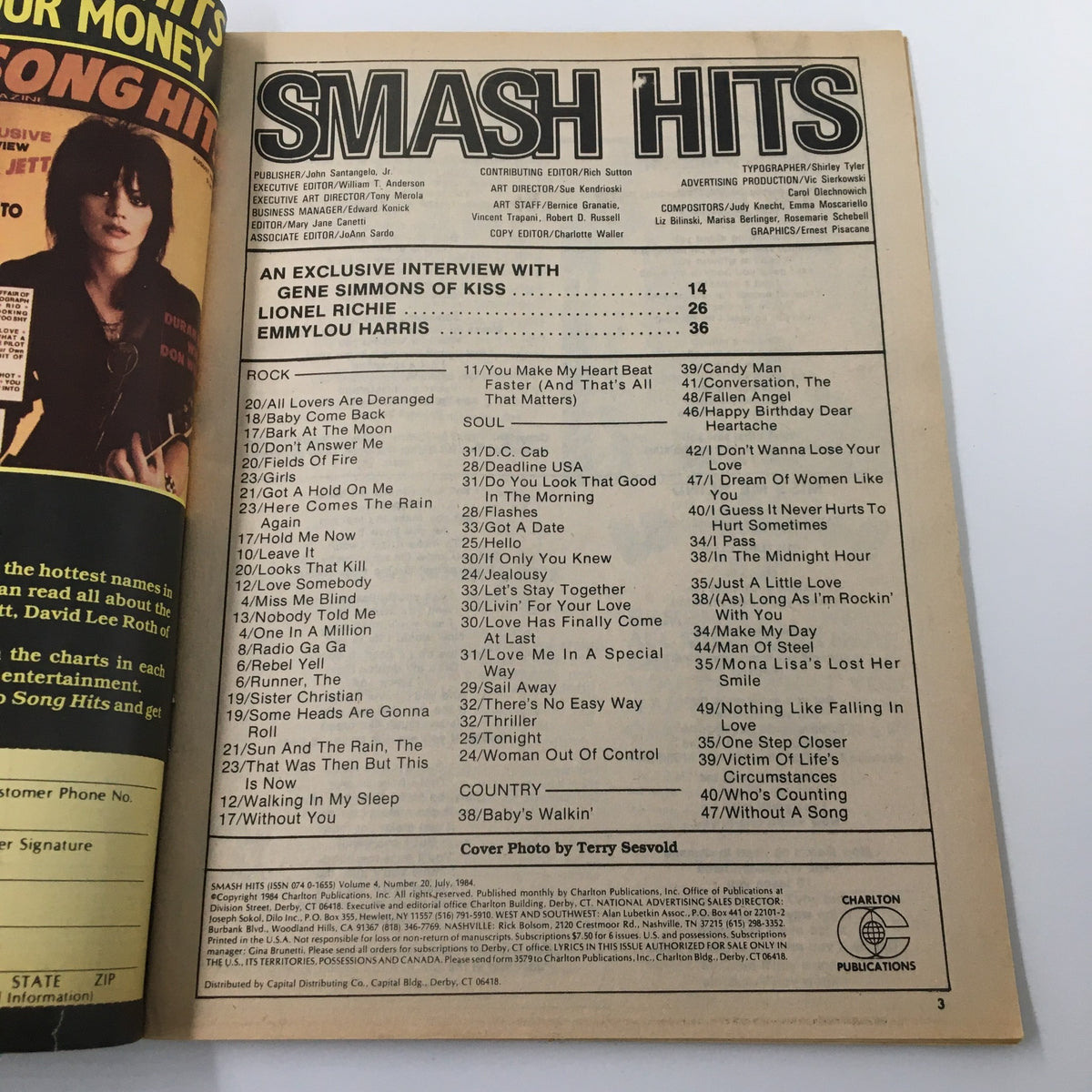 Inside page of VTG Smash Hits Magazine July 1984 with a contents listing and an exclusive interview with Gene Simmons of Kiss.