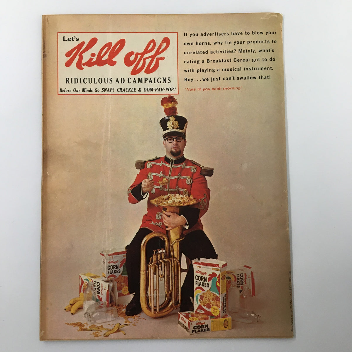 Back cover of Mad Magazine July 1965 Middle of the Road Issue with a humorous advertisement concept featuring a man dressed as a band conductor surrounded by cereal boxes.