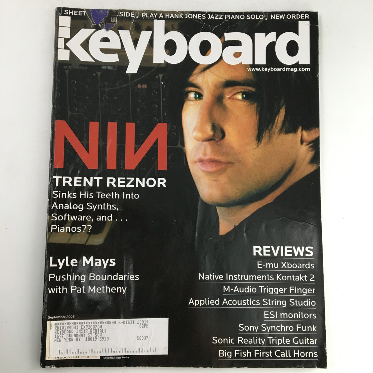 Keyboard Magazine September 2005 featuring Nin Trent Reznor on the cover, alongside articles about Lyle Mays and Pat Metheny, showcasing key insights in music and vintage magazine culture.