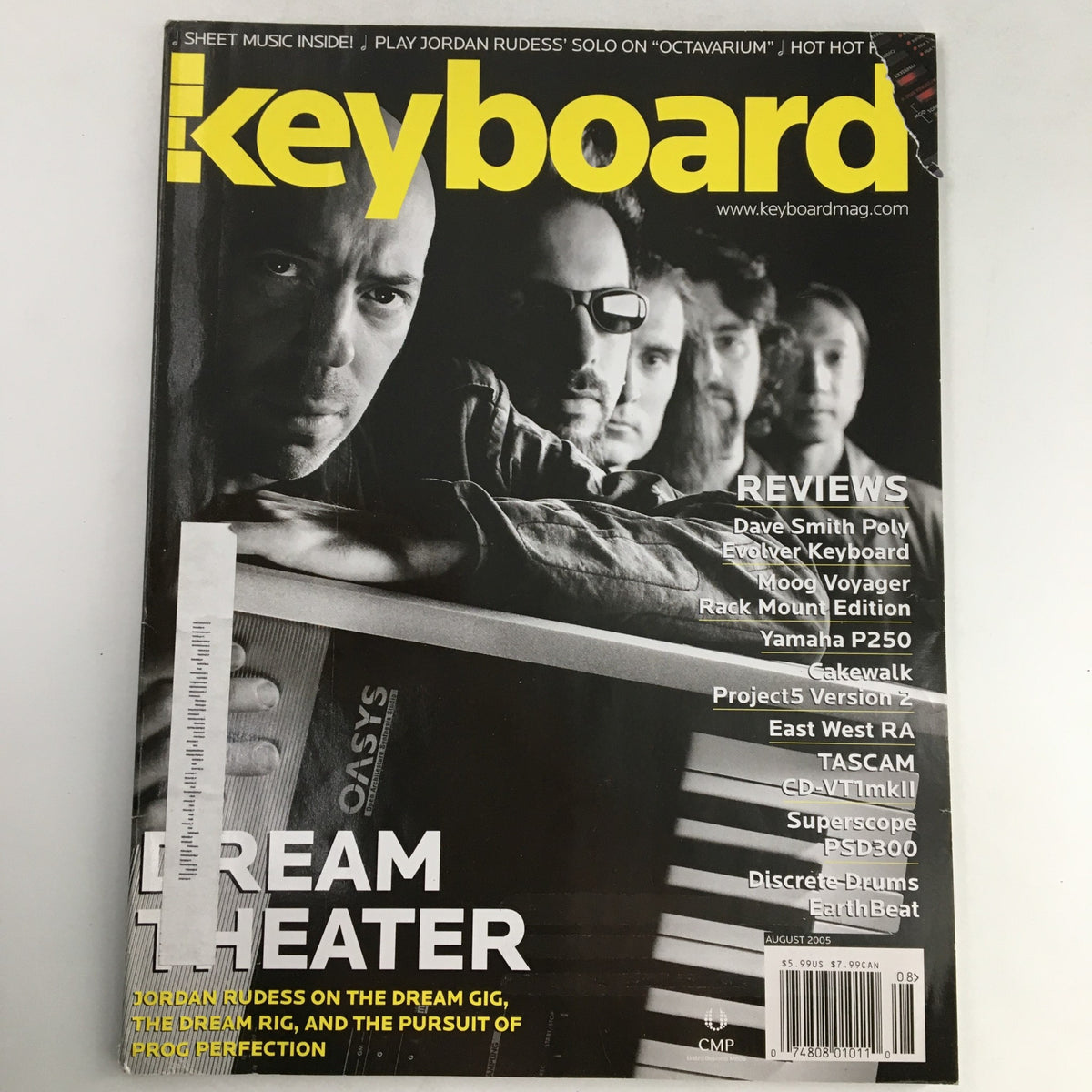 Keyboard Magazine August 2005 featuring Jordan Rudess and Dave Smith, showcasing innovative music technology with images of iconic synthesizers including Moog Voyager.