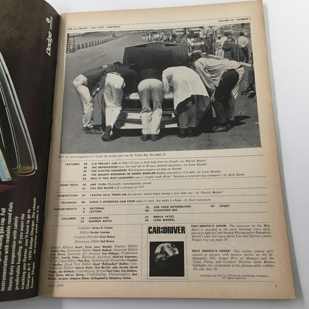 Interior page of the July 1970 Car and Driver Magazine, displaying the table of contents with a photograph of people inspecting a car, highlighting automotive culture and information from the era.