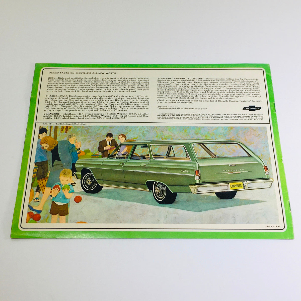 Back page of the 1964 Chevrolet Chevelle Malibu Brochure featuring a green Chevelle station wagon and additional specifications.