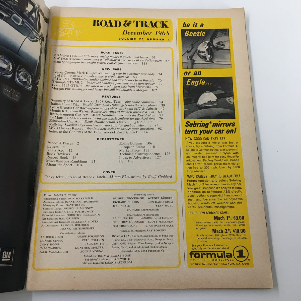 Interior page of the VTG Road & Track Magazine December 1968 displaying the index and content featuring articles on Jacky Ickx and other automotive topics.