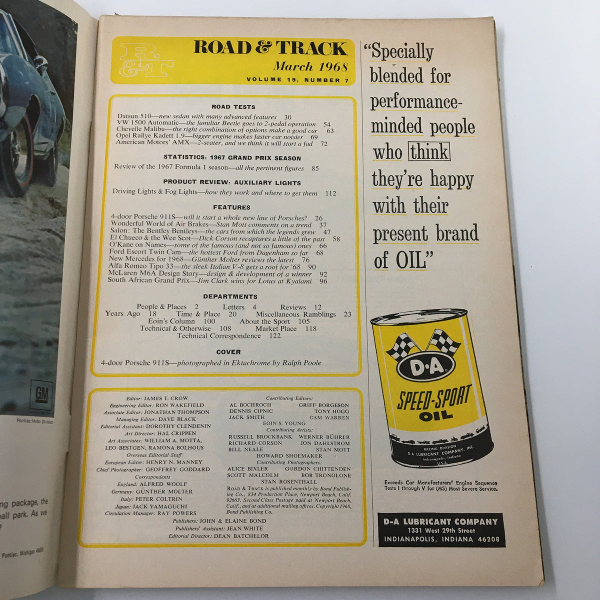 Inside page of the March 1968 Road & Track Magazine, detailing features and articles including the iconic 4-Door Porsche 911S.