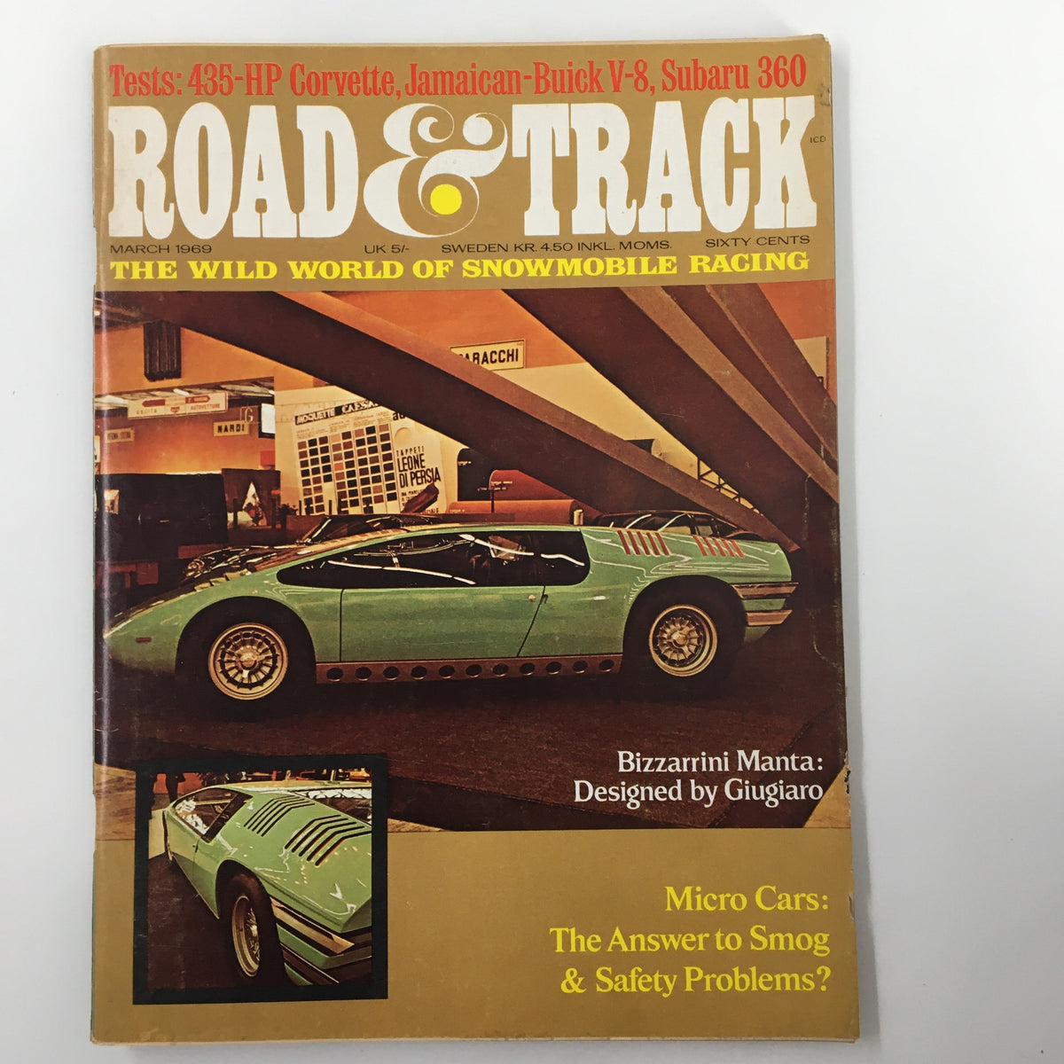 Cover of VTG Road & Track Magazine March 1969 showcasing the Bizzarrini Manta designed by Giugiaro, highlighting automotive history and culture.