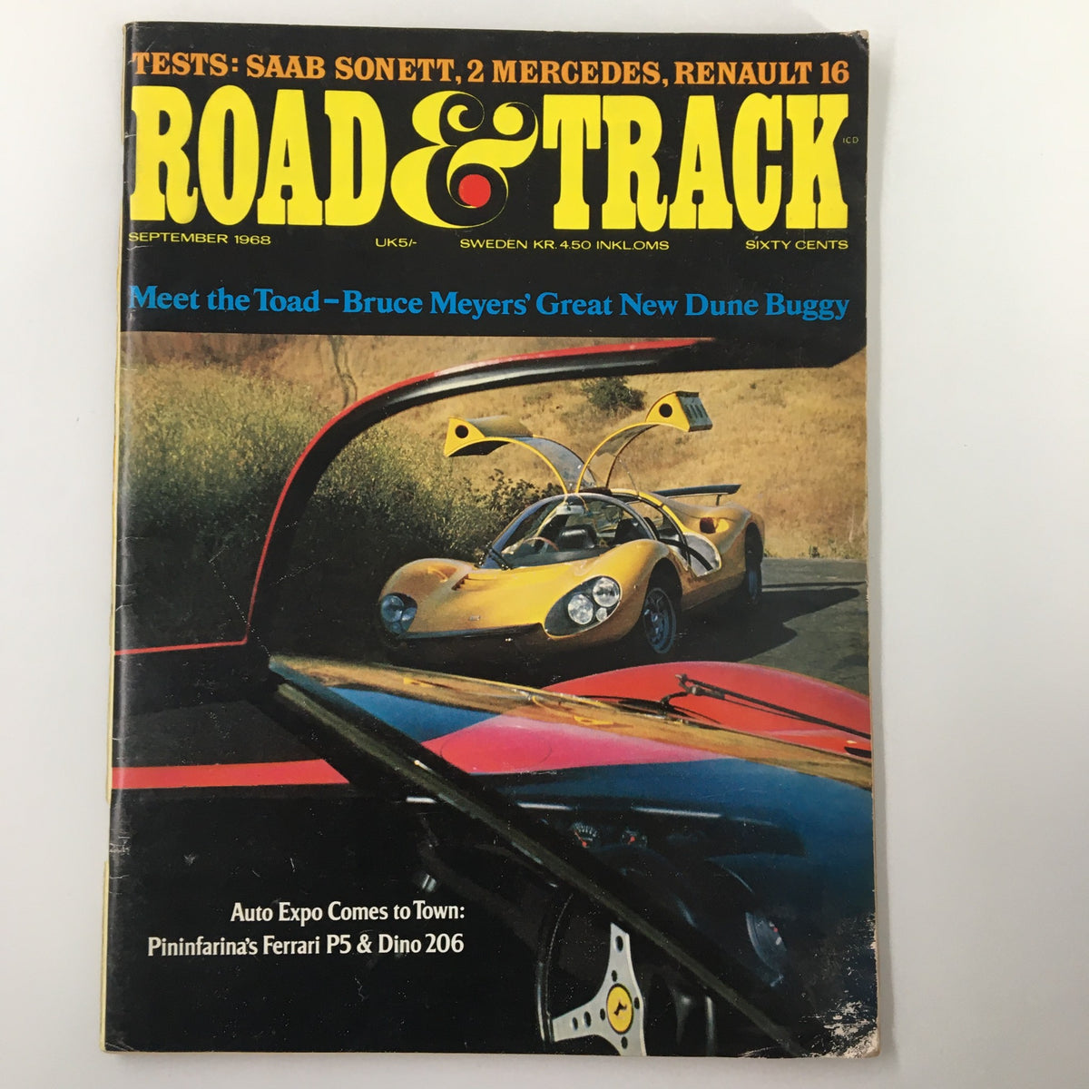 VTG Road & Track Magazine September 1968 cover featuring Pininfarina's Ferrari P5, showcasing automotive design, test articles on Saab Sonett, 2 Mercedes, and Renault 16.