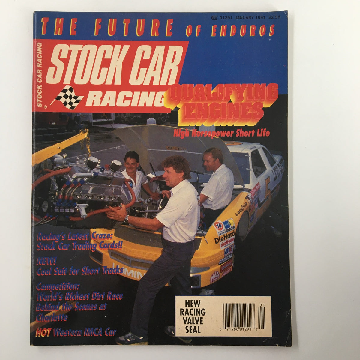 Stock Car Racing Magazine January 1991 featuring a cover image showcasing mechanics working on a high-performance engine, emphasizing the focus on qualifying engines and horsepower in the sport.