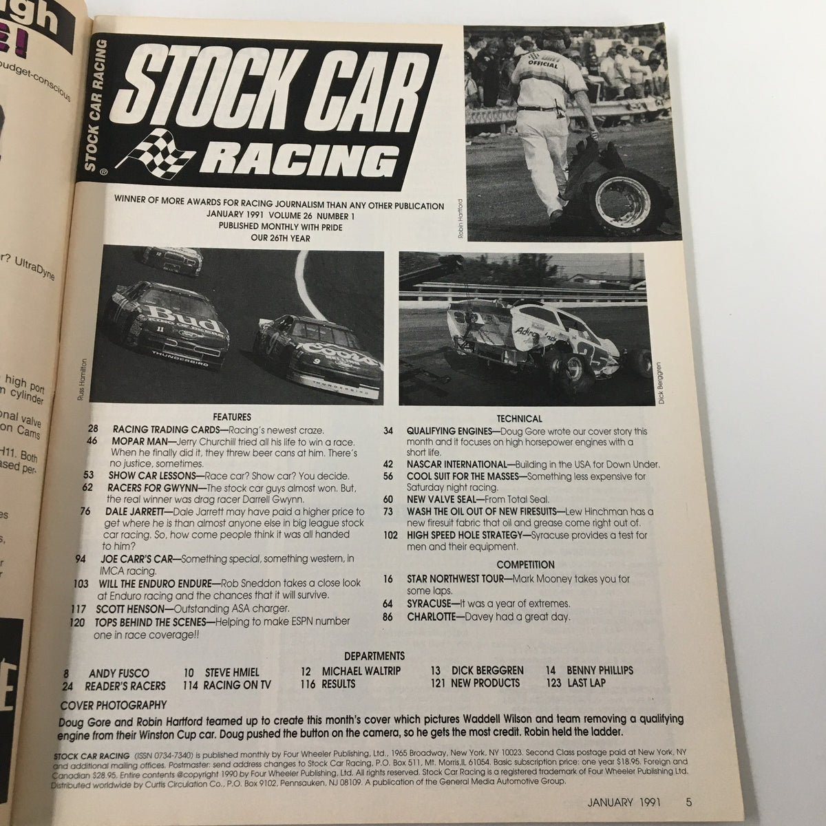 Interior page of Stock Car Racing Magazine January 1991 displaying a table of contents that highlights key features and articles related to stock car racing, underscoring its significance in motorsport journalism.