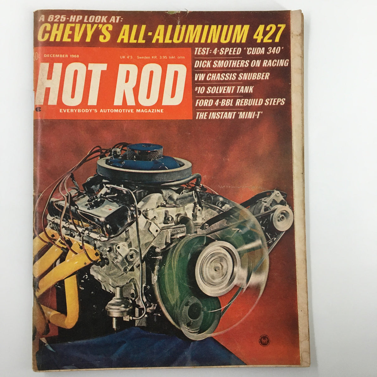 Cover of VTG Hot Rod Magazine December 1968 featuring a detailed illustration of a vintage auto engine, highlighting Dick Smothers on racing.