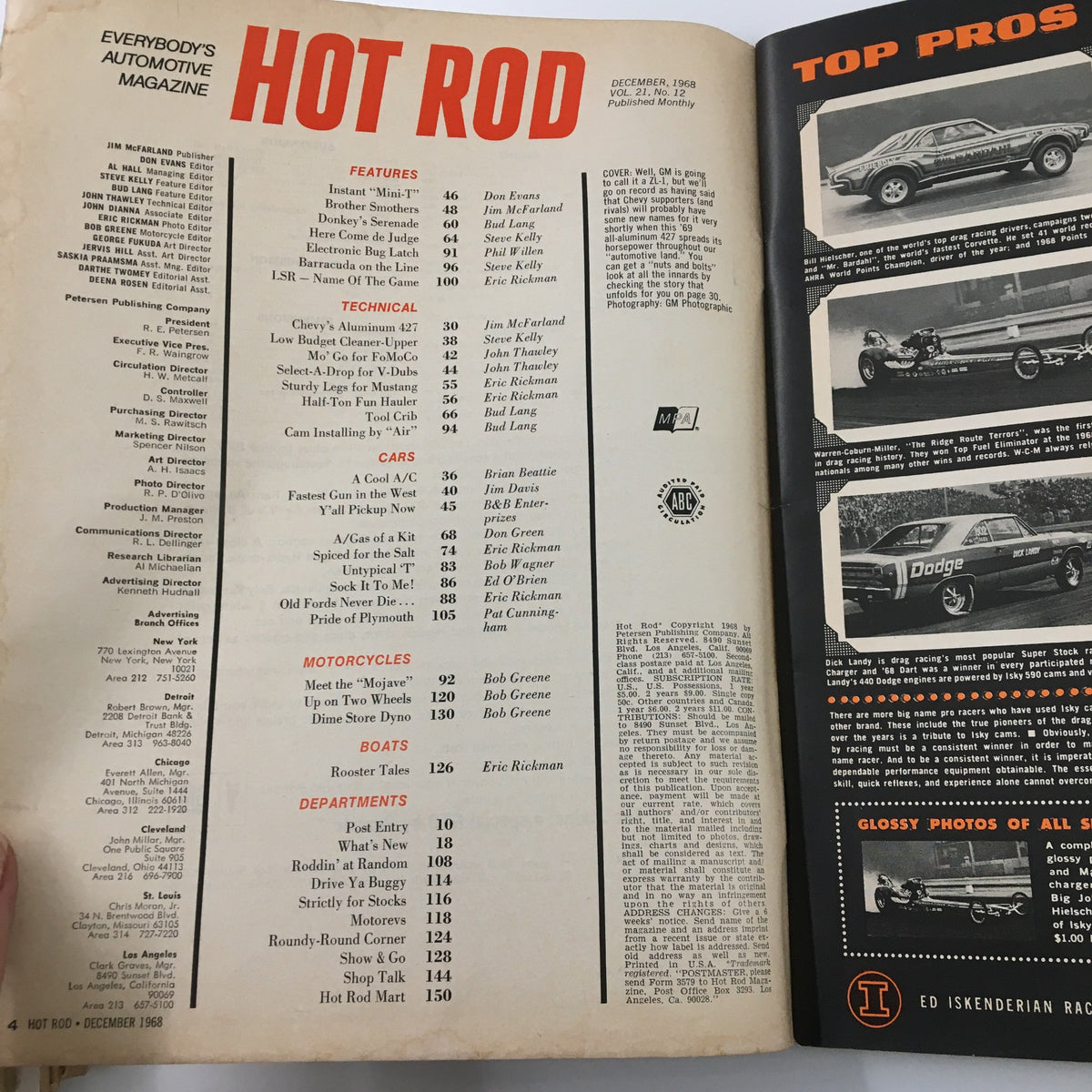 Inside page of VTG Hot Rod Magazine December 1968 showcasing the table of contents with features, technical articles, and car listings from the December issue.