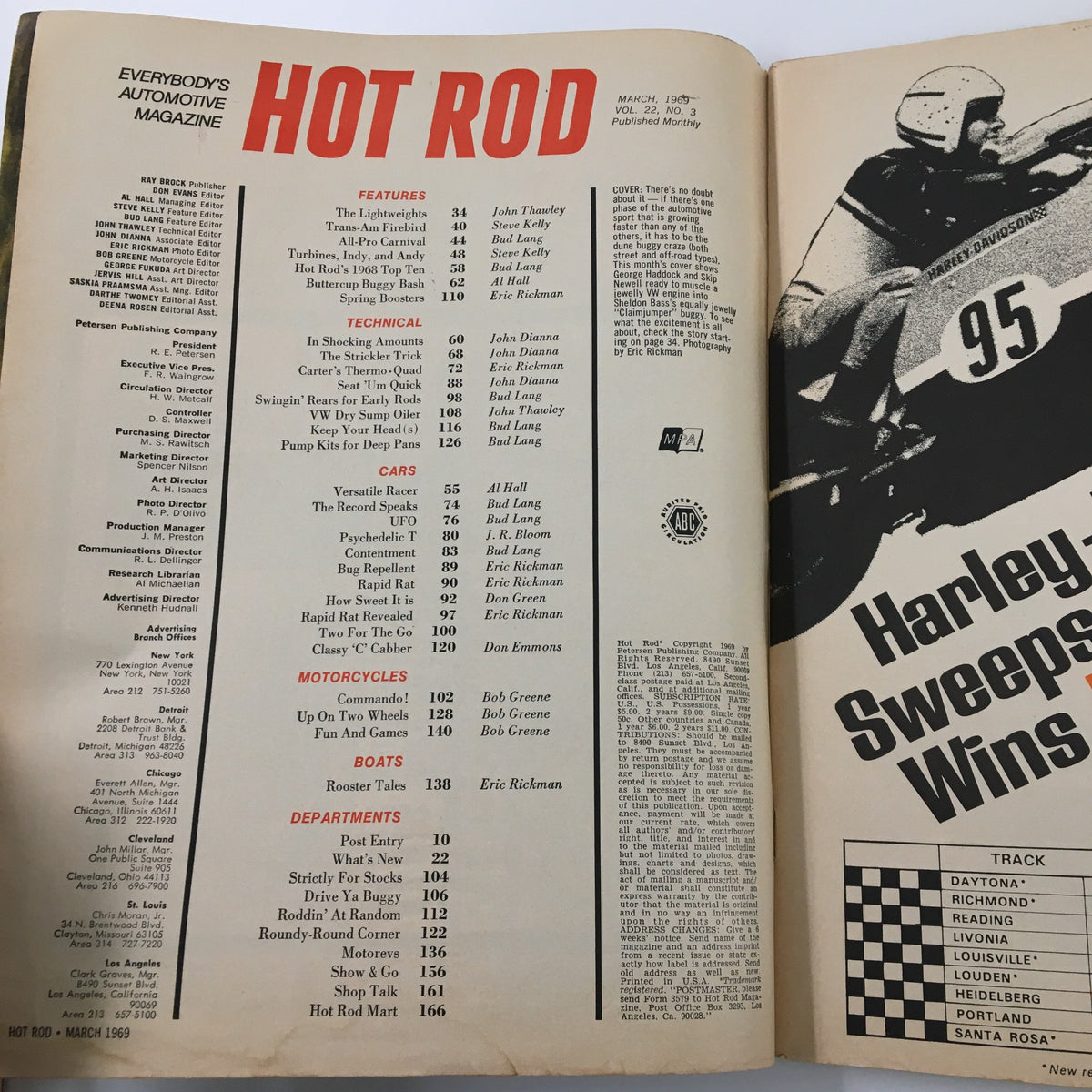 Inside page from VTG Hot Rod Magazine March 1969 showcasing the contents, including articles on cars, motorcycles, and features of the month, underlining the magazine's automotive culture.