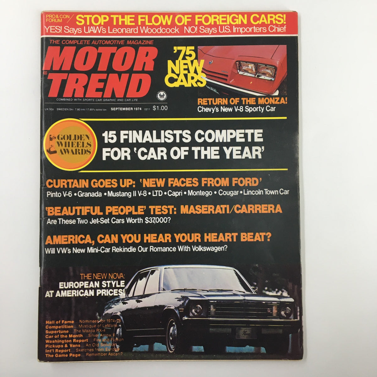 Cover of VTG Motor Trend Magazine September 1974 featuring the title 'Return of the Monza' showcasing Chevy's new V-8 sporty car. Highlights include articles on new cars for 1975, a feature on the Pinto V-6, and the Golden Wheels Awards.