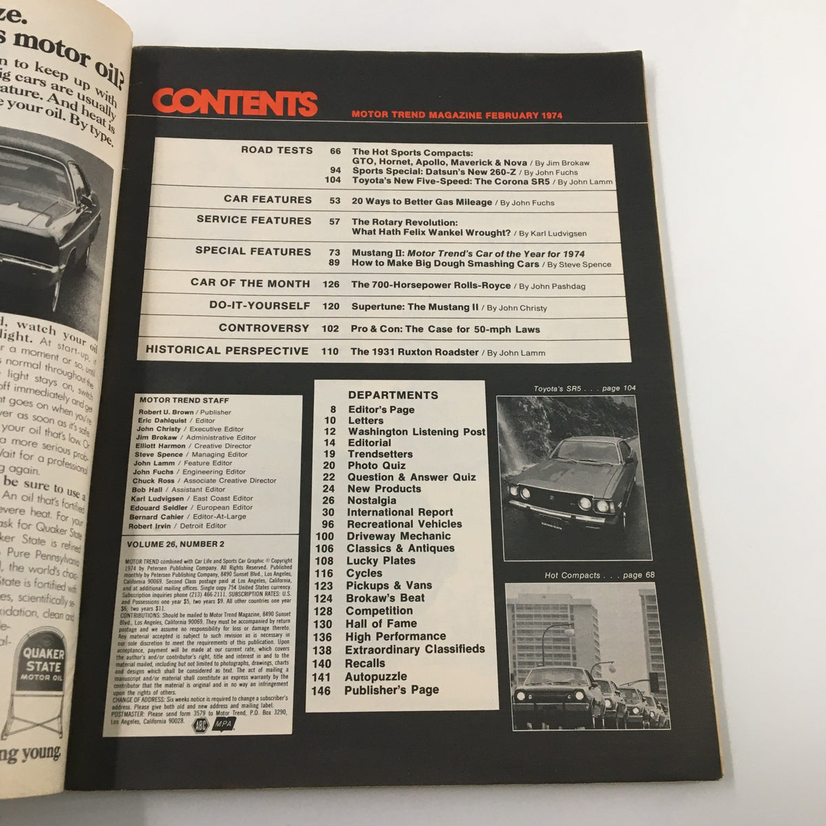 Contents page of Motor Trend Magazine February 1974 showcasing articles including the 700-Horsepower Rolls-Royce and various automotive features from that era.