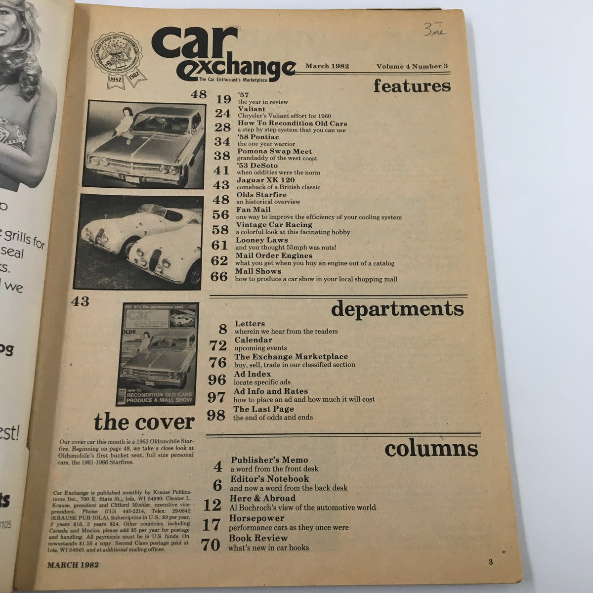 Interior page of VTG Car Exchange Magazine March 1982 displaying the table of contents and features, including articles about vintage cars, the comparison between XK 120 models, and tips on reconditioning old cars.