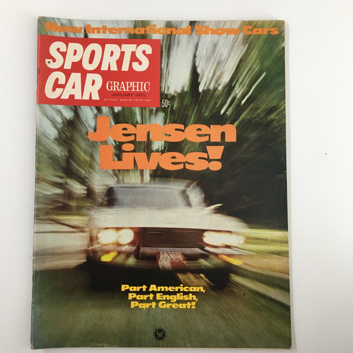 Cover of VTG Sports Car Graphic Magazine January 1971 titled 'The Jensen Lives' featuring a dynamic image of a Jensen car in motion with bold text.