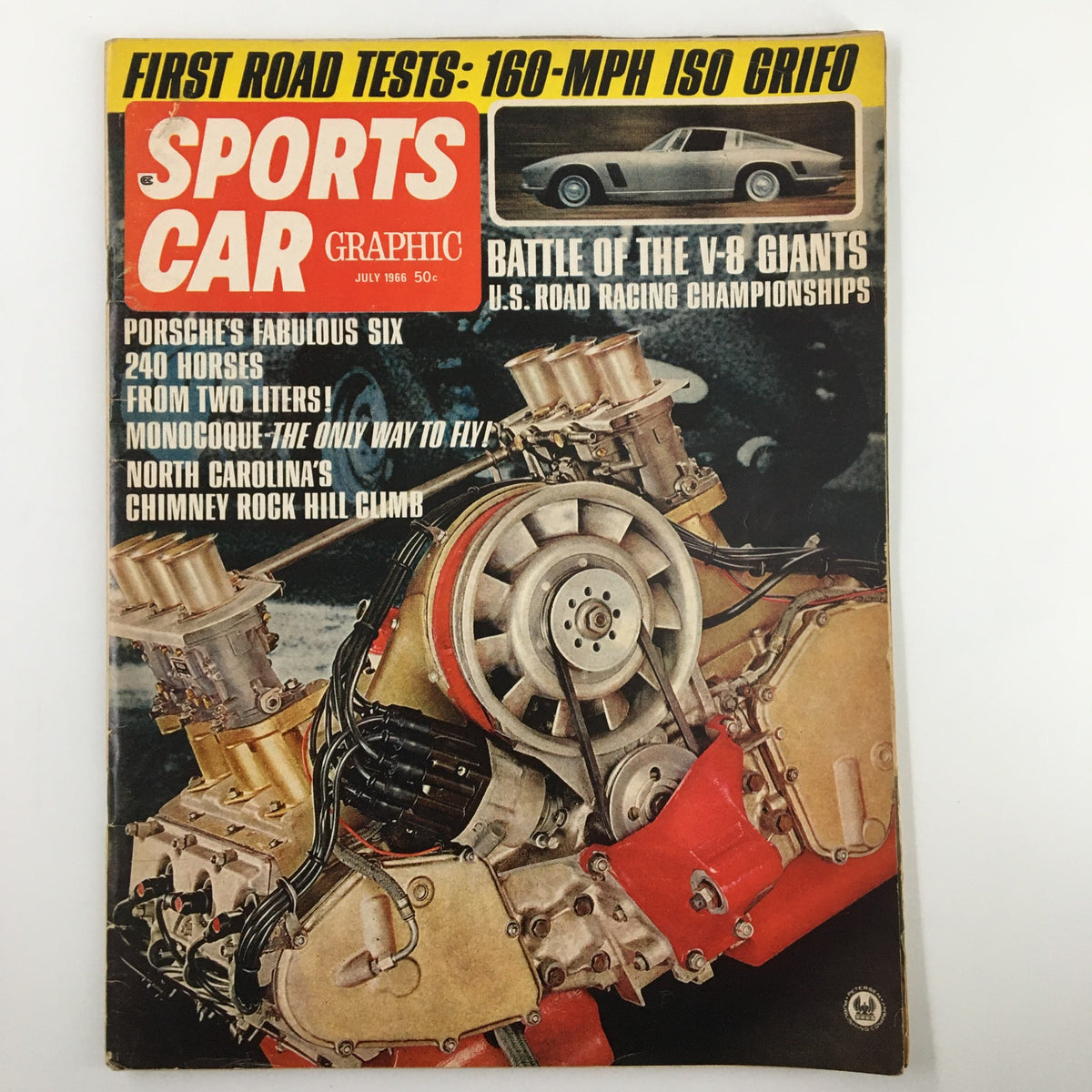 Cover of VTG Sports Car Graphic Magazine July 1966 titled 'Battle of the V-8 Giants', featuring a colorful layout and images of iconic sports cars.