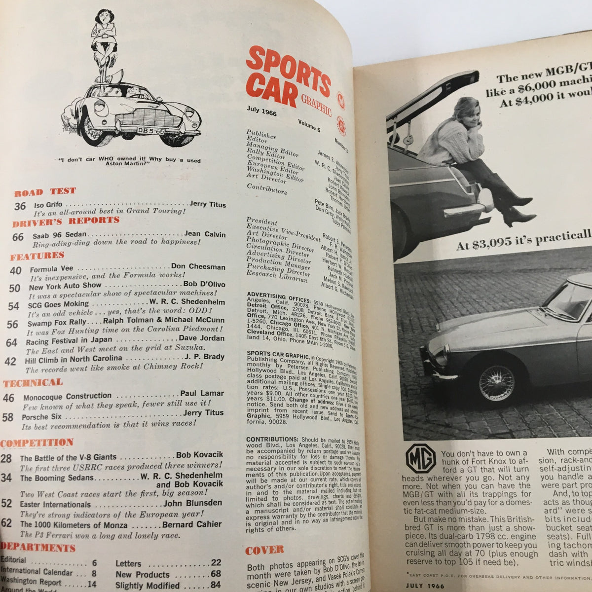 Interior page of VTG Sports Car Graphic Magazine July 1966 showcasing articles and features, including a road test, driver reports, and advertisements related to sports cars.