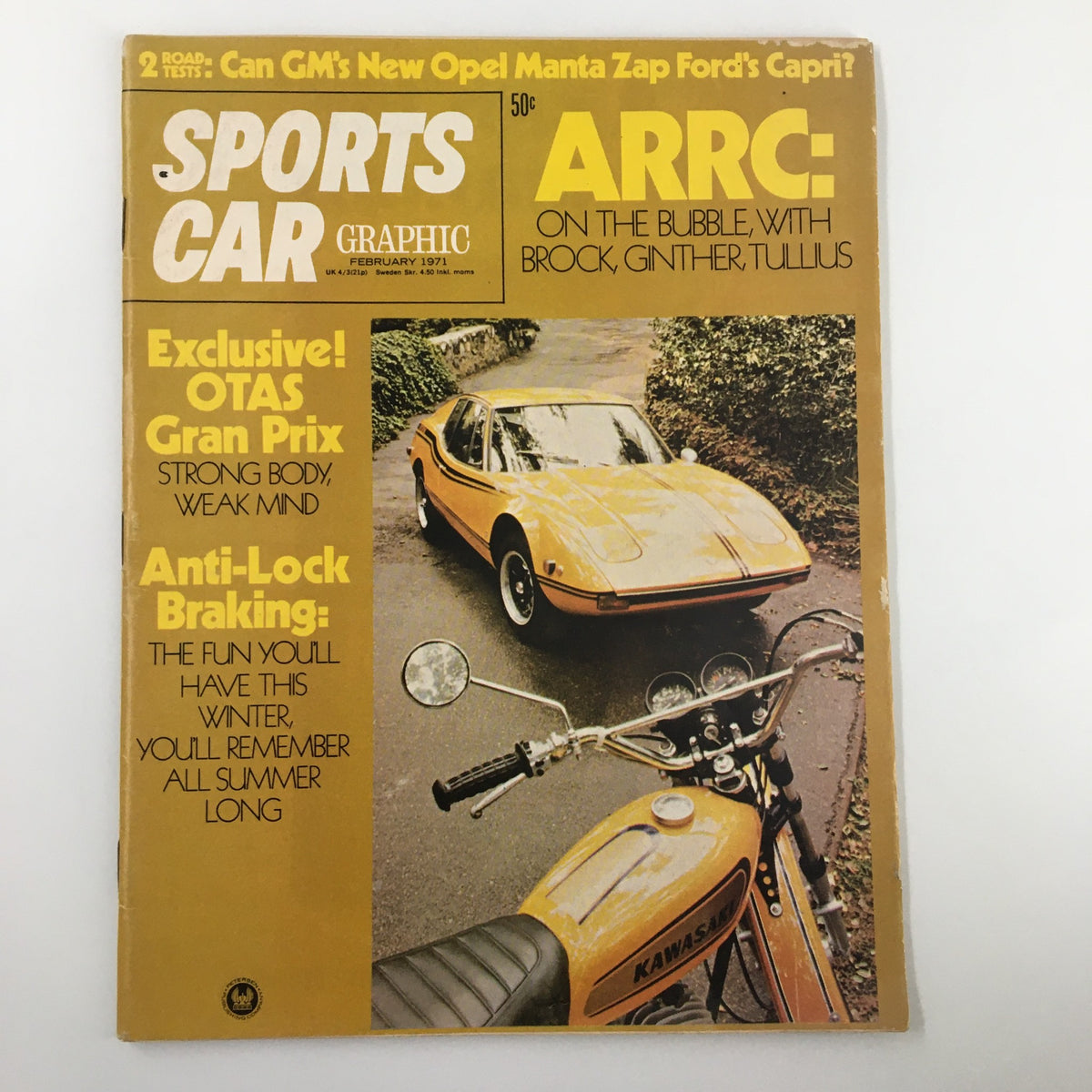 VTG Sports Car Graphic Magazine February 1971 featuring Otas Gran Prix on the cover, showcasing a yellow sports car and motorcycle, highlighting vintage automotive culture.