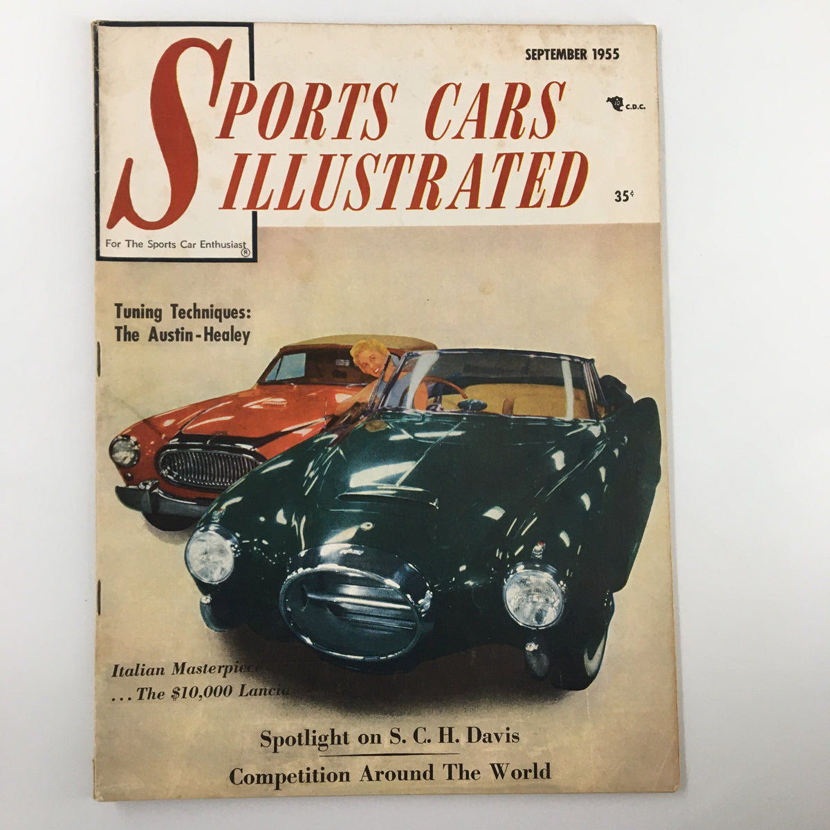 Cover of VTG Sports Car Illustrated Magazine September 1955 featuring the Austin-Healey, showcasing vintage cars with vibrant colors and an engaging layout.