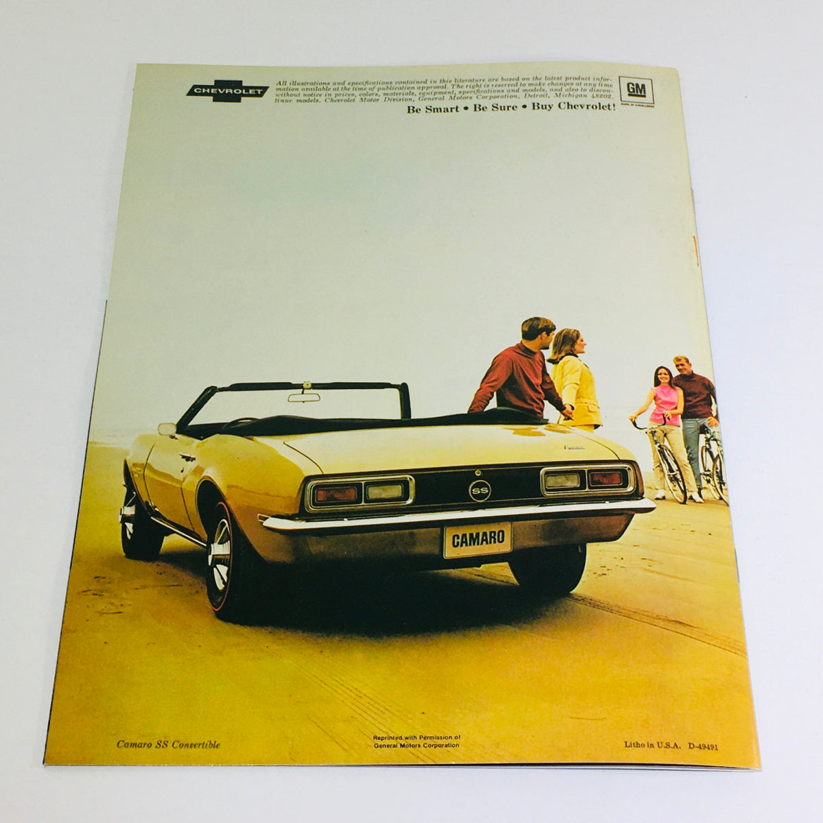 1968 Chevrolet Camaro Showroom Brochure back cover highlighting a yellow Camaro SS Convertible at the beach with a family.