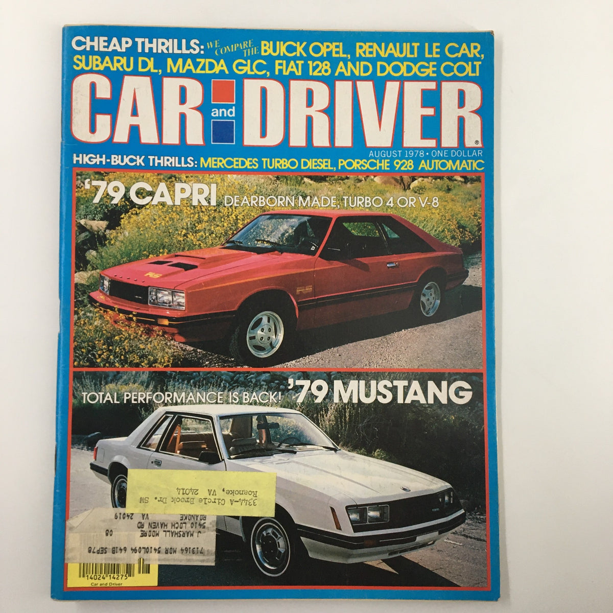 Cover of VTG Car and Driver Magazine August 1978 featuring the 1979 Capri and 1979 Mustang, showcasing vibrant red and white cars against a colorful backdrop.