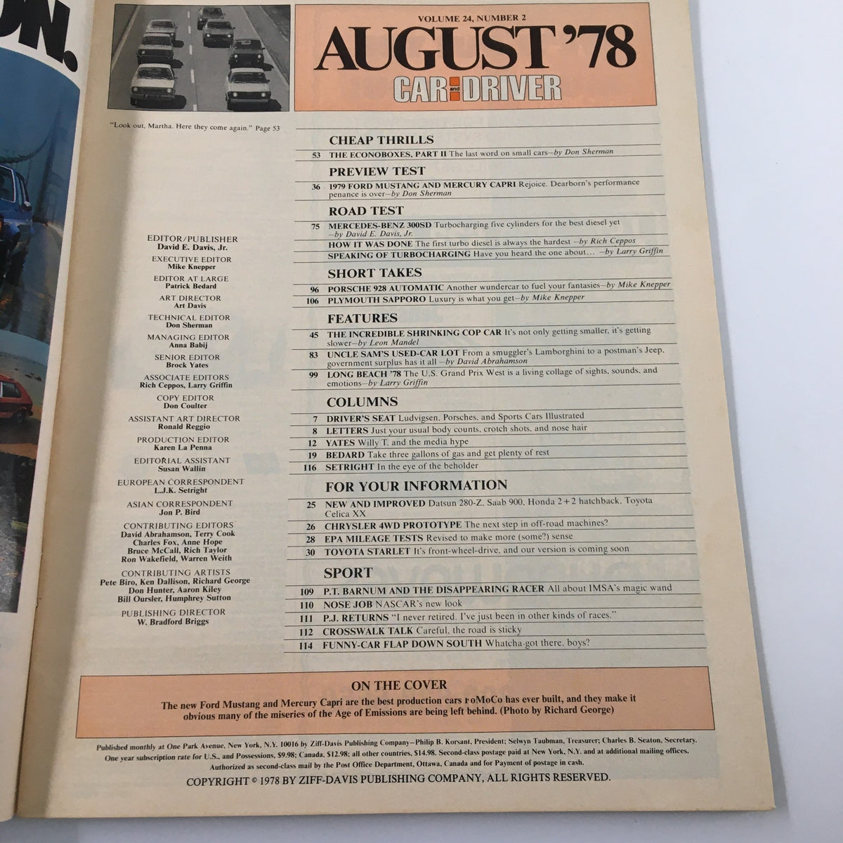 Inside page of VTG Car and Driver Magazine August 1978, displaying the table of contents and featuring articles about the 1979 Mustang and Mercury Capri.