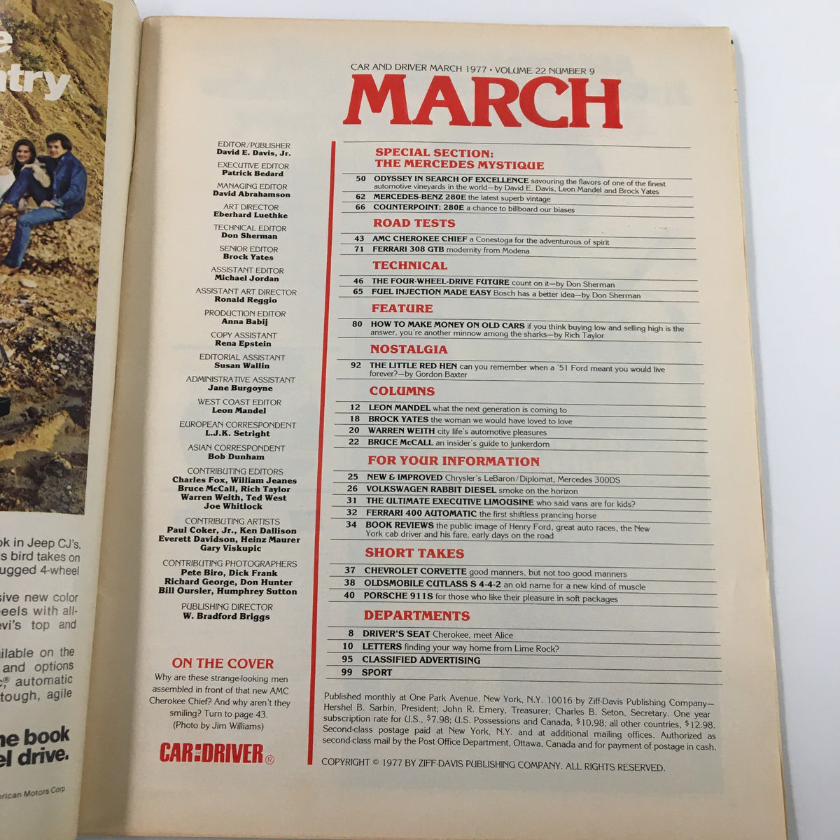 March 1977 issue of Car and Driver Magazine featuring articles, road tests, and information on Mercedes-Benz 280E and Ferrari 308 GTB. Includes the table of contents highlighting the special section on 'The Mercedes Mystique' and various automotive topics.