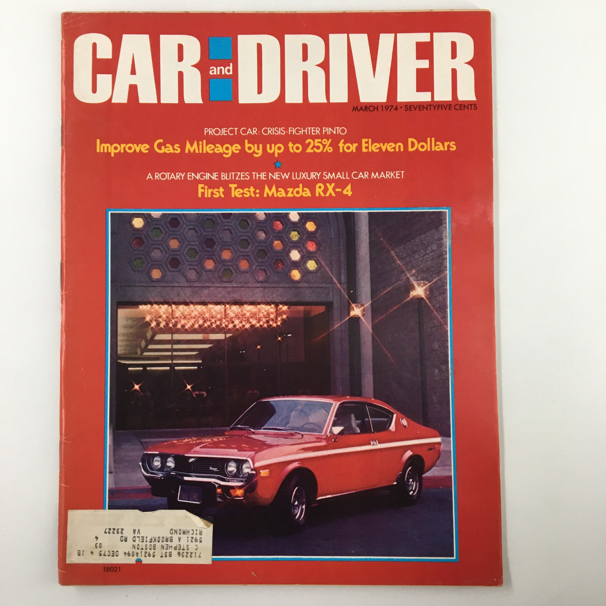 VTG Car and Driver Magazine March 1974 featuring the first test of Mazda RX-4, showcasing a red Mazda RX-4 on the cover with eye-catching headlines.