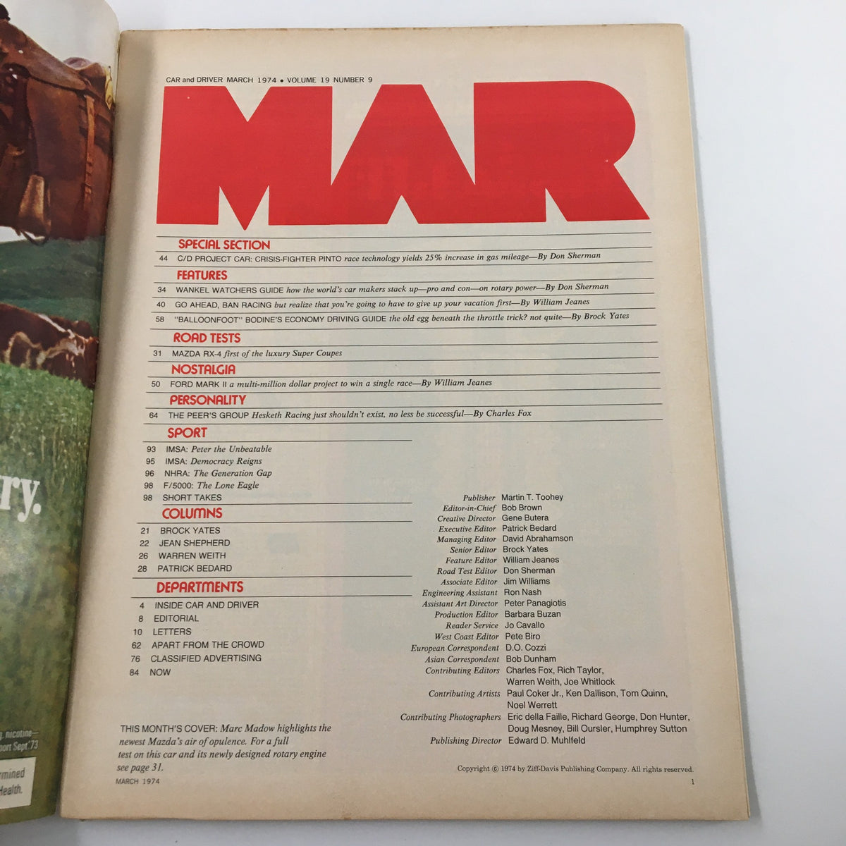 Inside page of Car and Driver Magazine March 1974 with contents listing including the first test of Mazda RX-4, highlighting features and road tests.