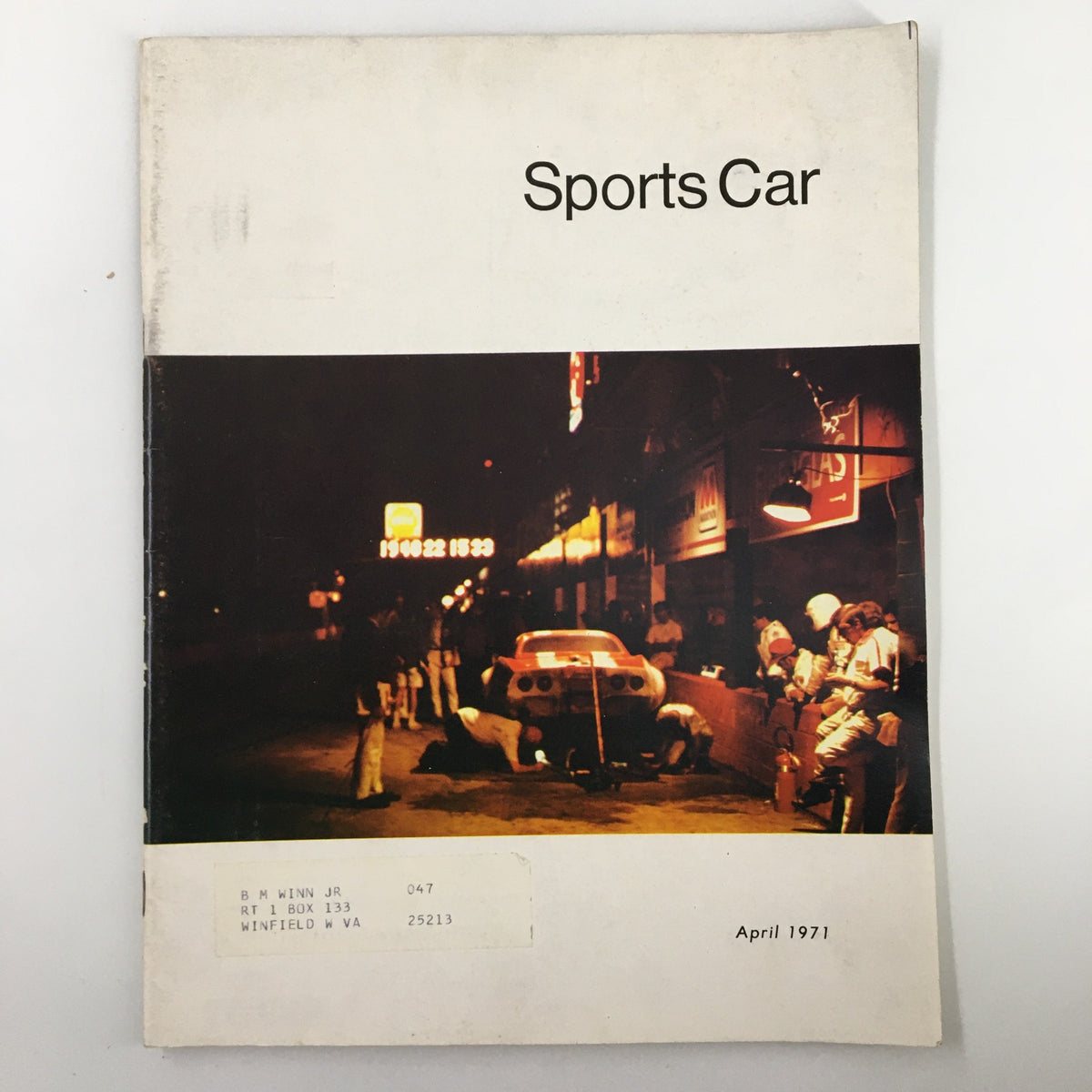 Cover of Sports Car Magazine, April 1971 featuring a nighttime scene with a sports car at Sebring, showcasing the magazine's title prominently.