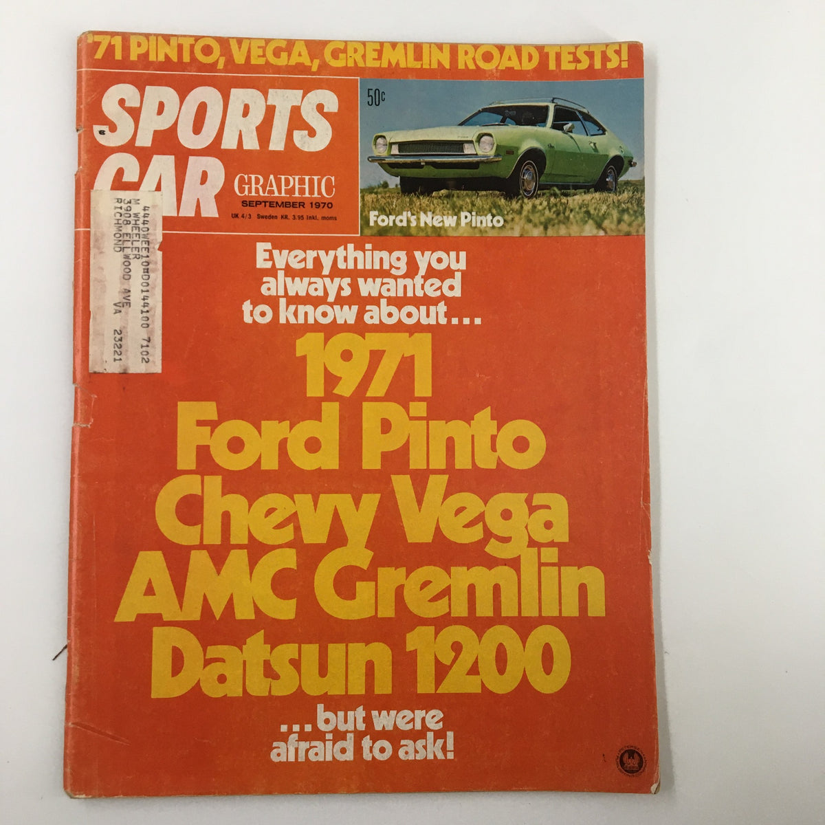 Vintage Sports Car Graphic Magazine September 1970 Ford Pinto & Chevy Vega of 1971