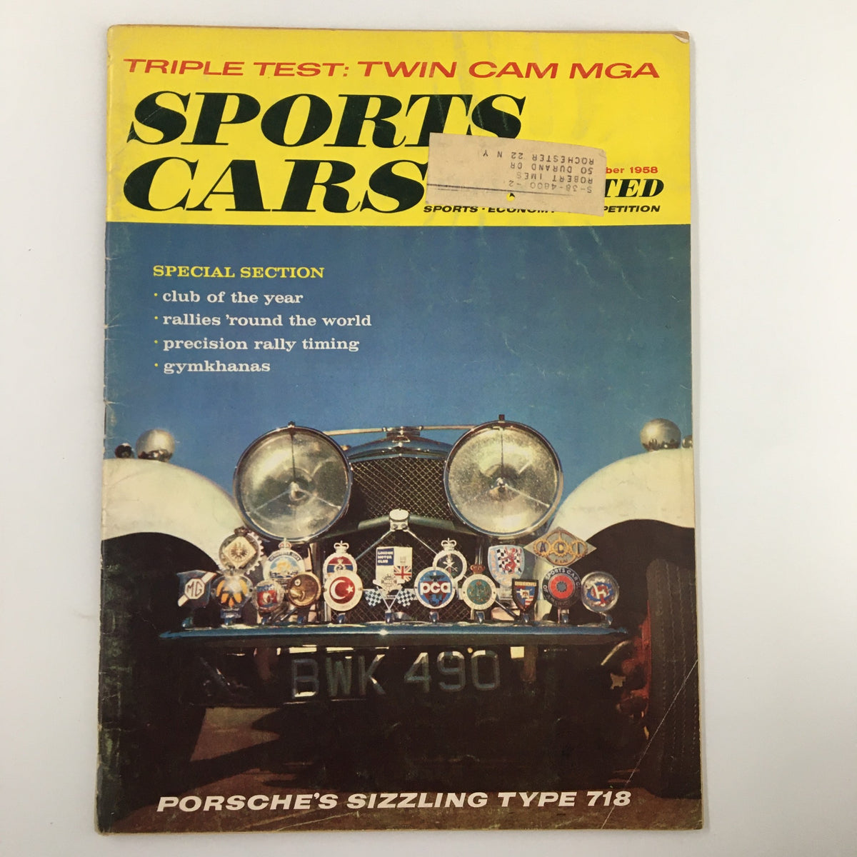 Vintage Sports Car Illustrated Magazine cover from October 1958 featuring Porsche's Sizzling Type 718 and showcasing automotive excellence with various car badges.