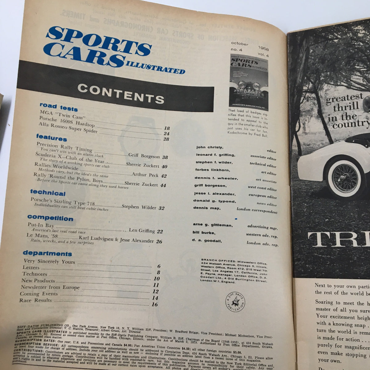 Contents page of the October 1958 issue of Sports Car Illustrated, detailing features like Porsche's Sizzling Type 718 and other road tests and articles.