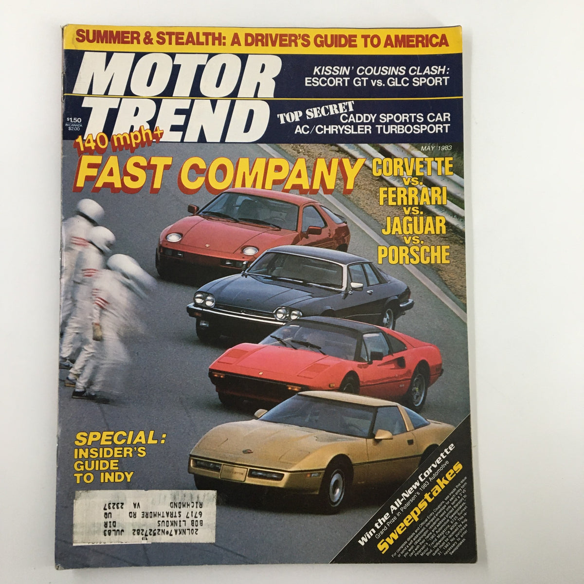 Cover of the May 1983 Motor Trend magazine featuring a thrilling comparison of the Corvette, Ferrari, Jaguar, and Porsche, highlighting the cover story 'Fast Company' and showcasing iconic sports cars in action.