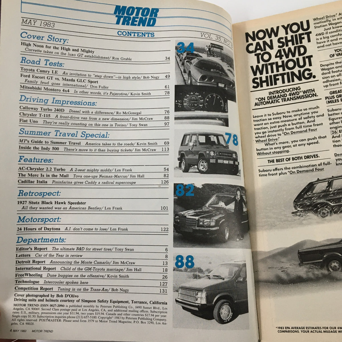 Contents page from the May 1983 Motor Trend magazine detailing various automotive articles and features including the cover story on sports cars and upcoming travel specials.