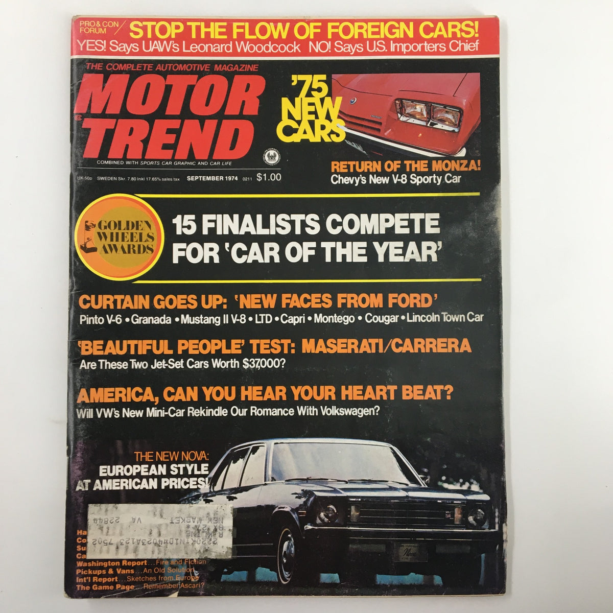 Cover of the VTG Motor Trend Magazine September 1974 featuring the Pinto V-6, Granada, and Mustang II V-8. Highlights include articles on new cars and automotive innovations.