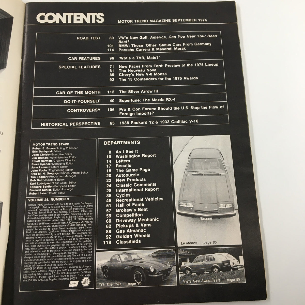 Contents page of the VTG Motor Trend Magazine September 1974, outlining articles on car tests, features, and special reports including the 'Car of the Year' finalists.