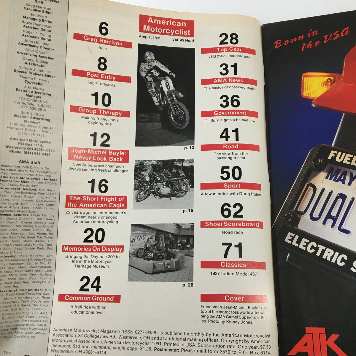 Contents page of American Motorcyclist Magazine August 1991, highlighting features including Jean-Michel Bayle and various motorcycle-related articles.